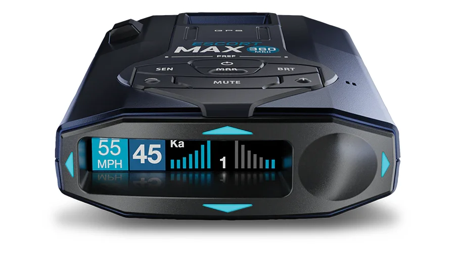 Escort MAX 360 MK2 front panel showing OLED display and directional arrows