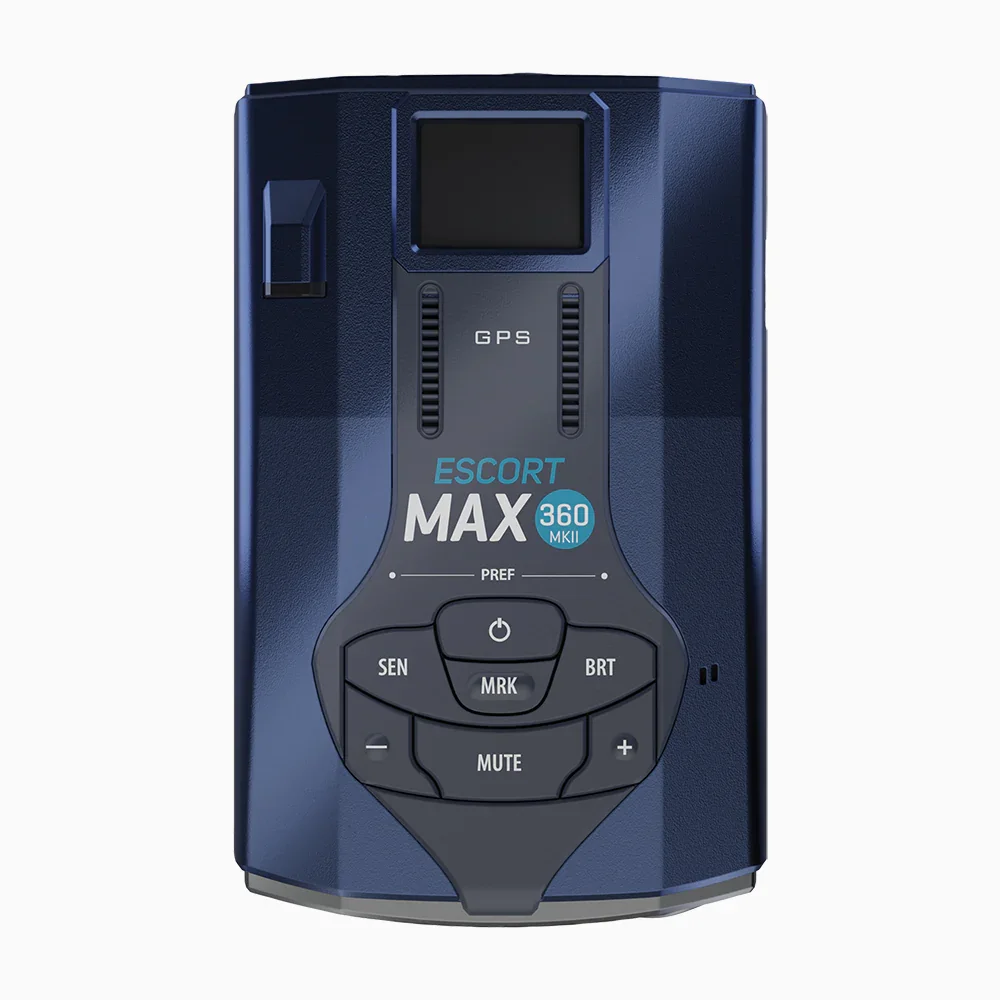 Escort MAX 360 MK2 top-down view showing button layout and GPS antenna
