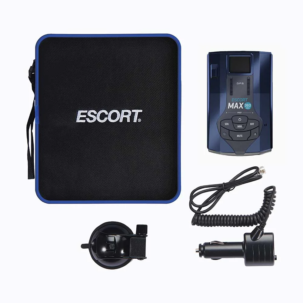 Escort MAX 360 MK2 in-box contents including detector, carry case, windshield mount, and power cable