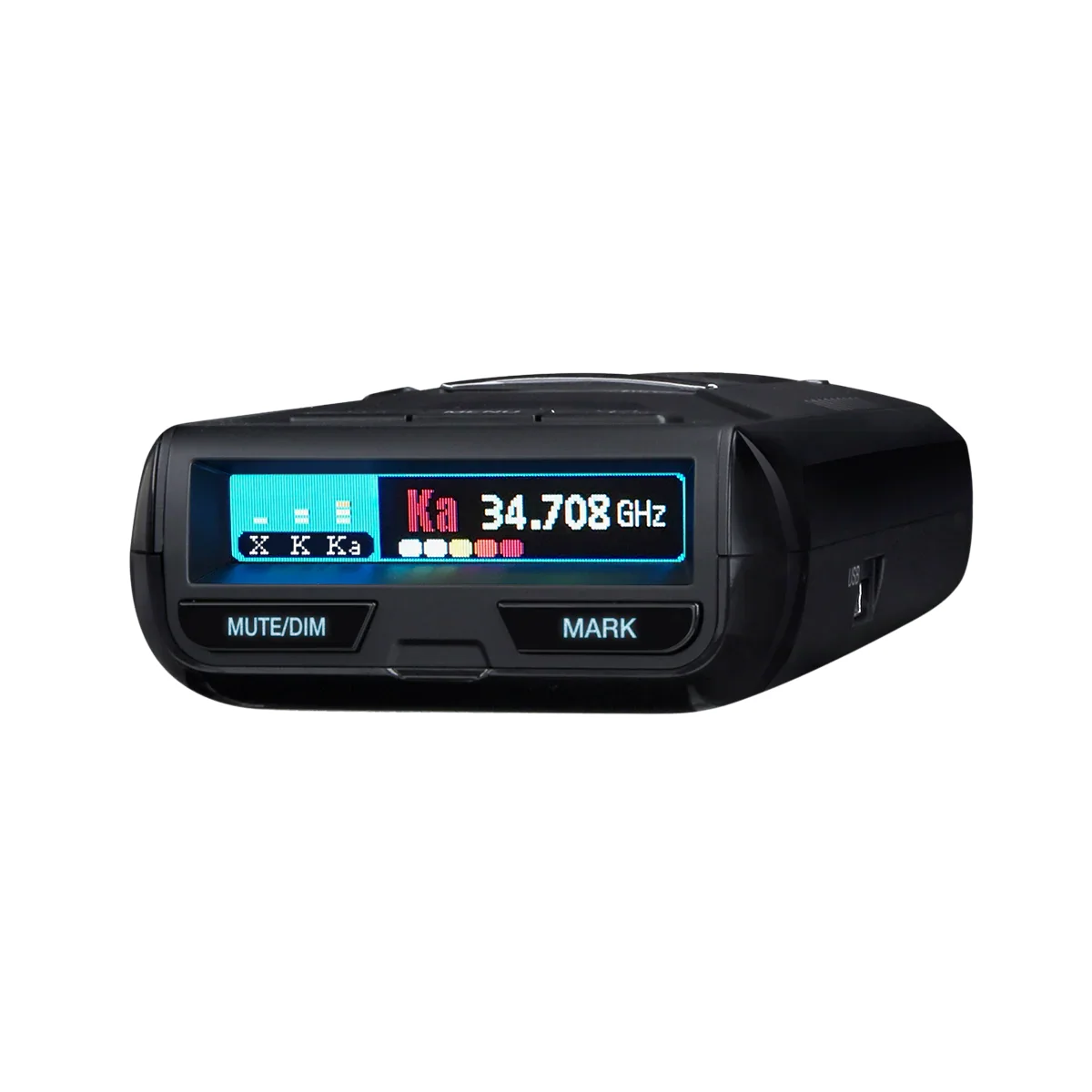 Uniden R3 radar detector angled side view showing display and USB port