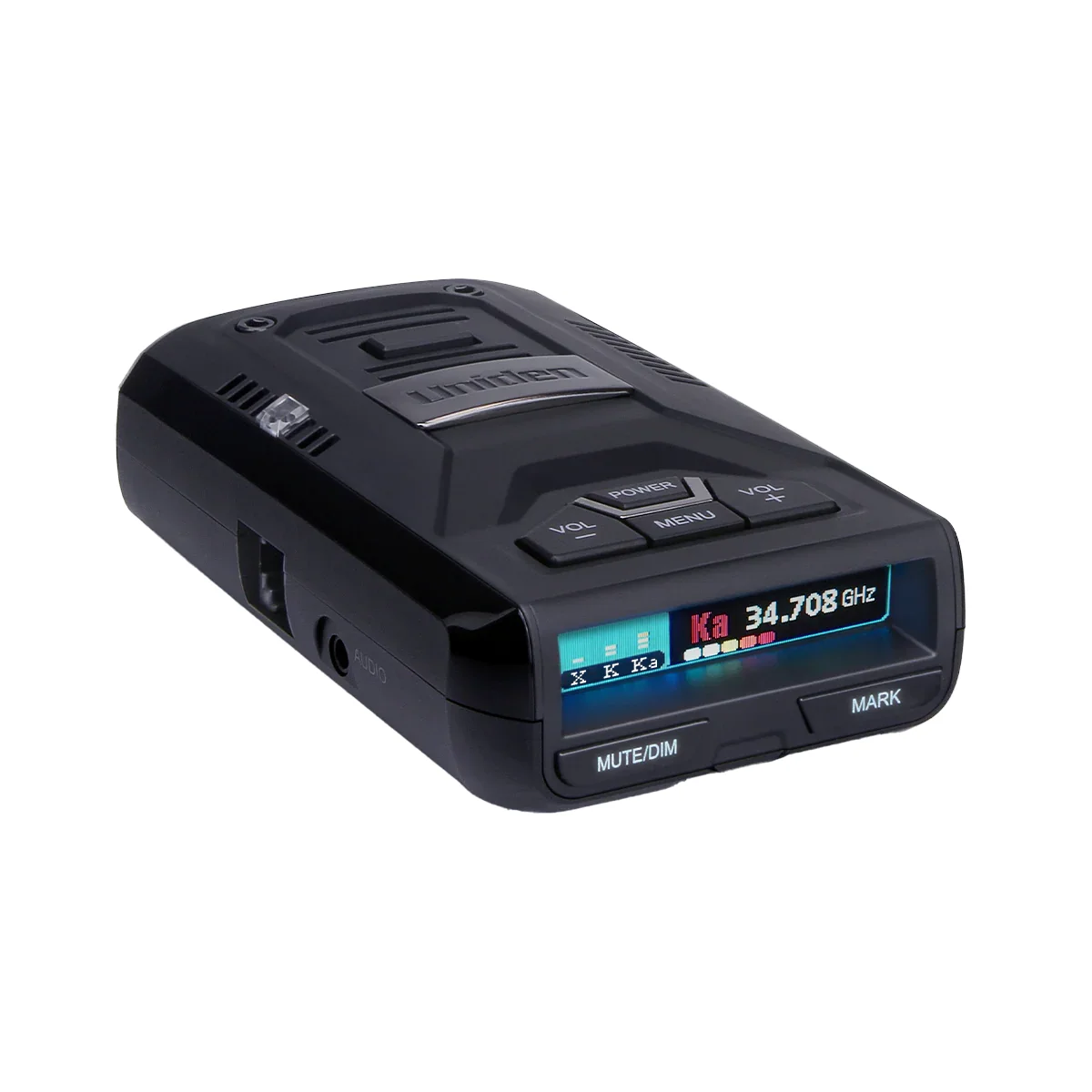 Uniden R3 radar detector top-down view showing controls and power button