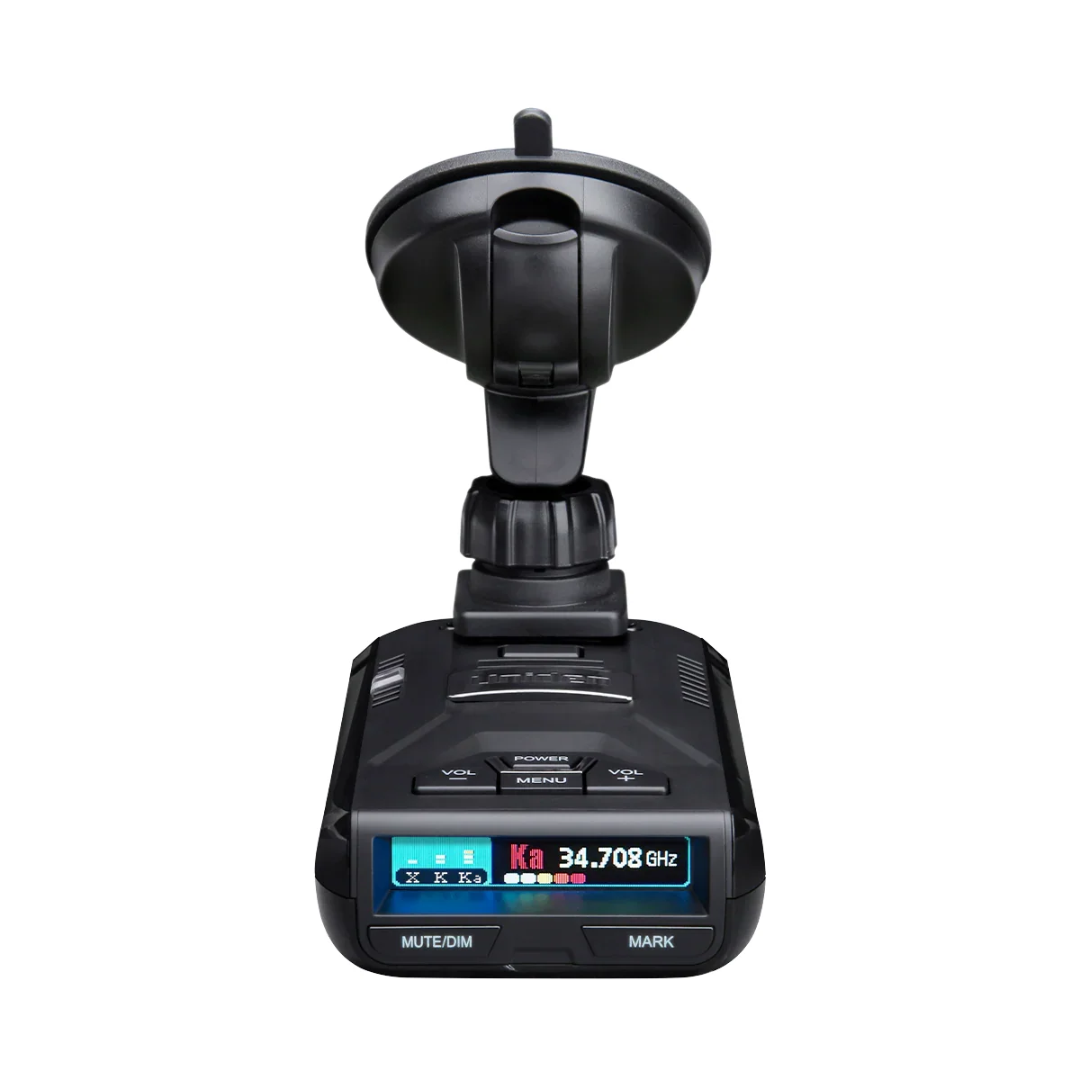 Uniden R3 radar detector mounted on windshield suction-cup bracket