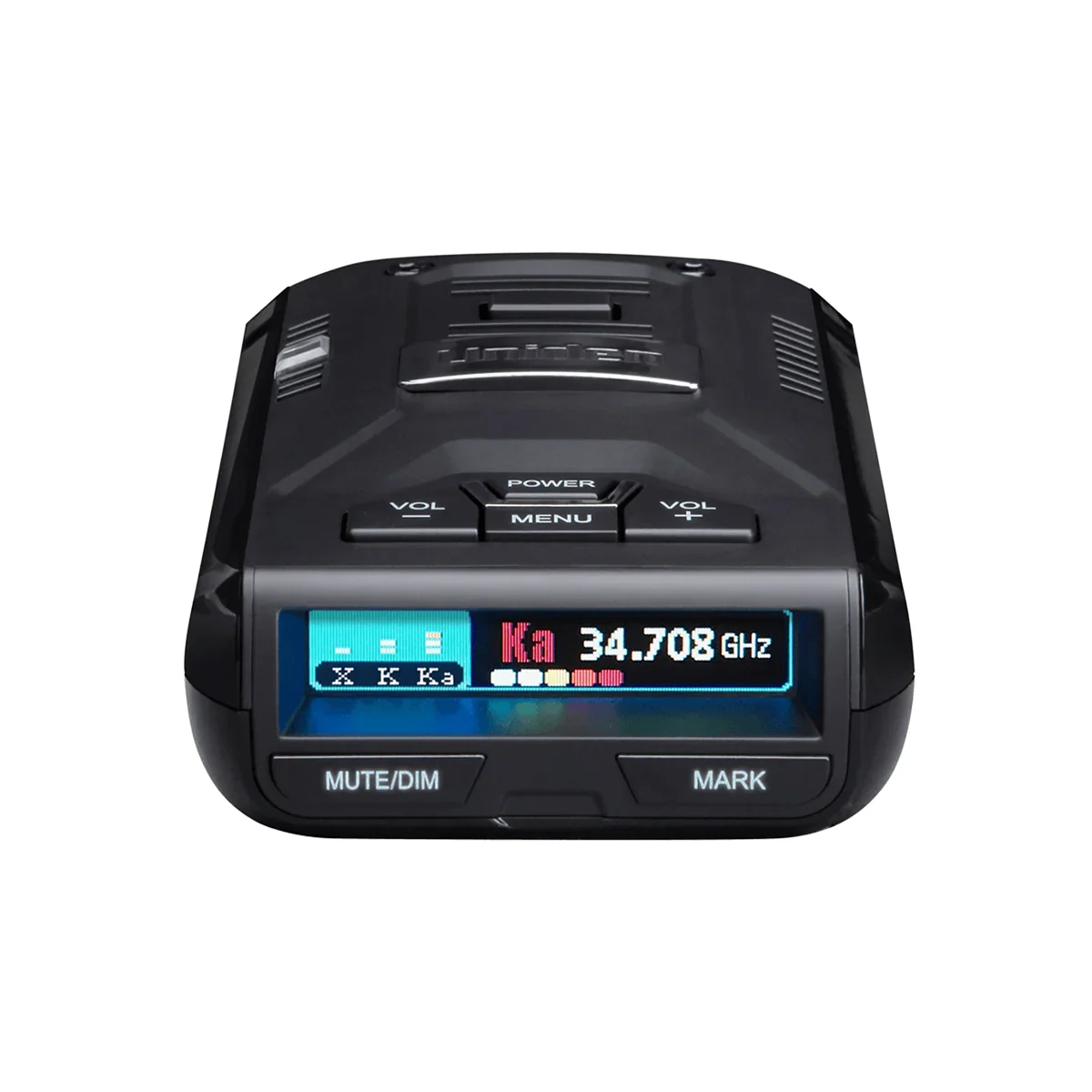 Uniden R3 radar detector front view with Ka-band alert on display