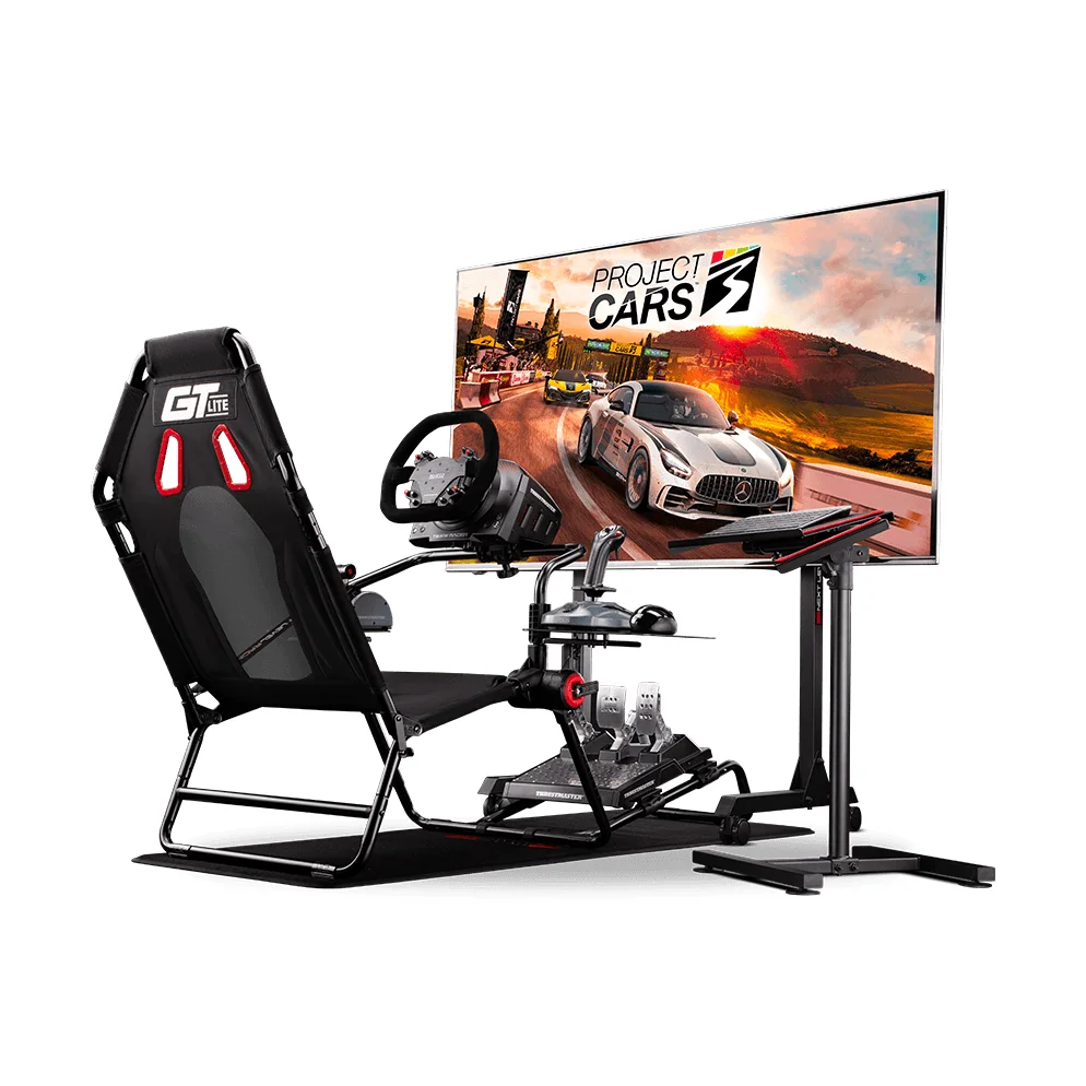 Next Level Racing GT Lite cockpit in use with a racing wheel, pedals and monitor set up for sim racing