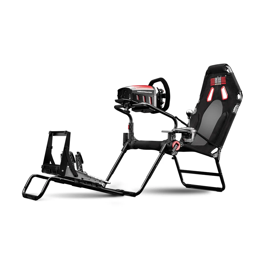 Next Level Racing GT Lite cockpit alternate 3/4 angle showing the wheel plate, shifter mount and pedal plate