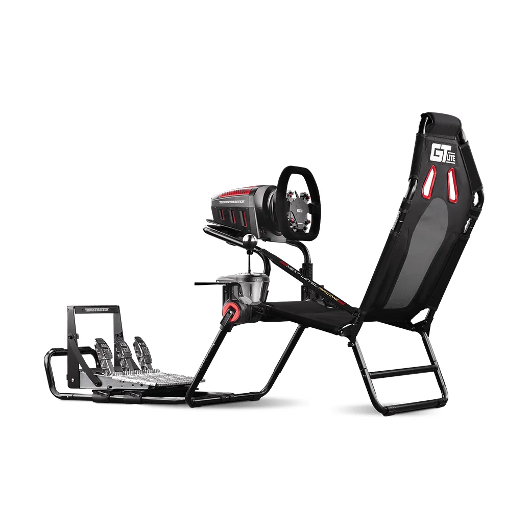 Next Level Racing GT Lite foldable simulator cockpit, 3/4 front view with Thrustmaster wheel, pedals and shifter mounted