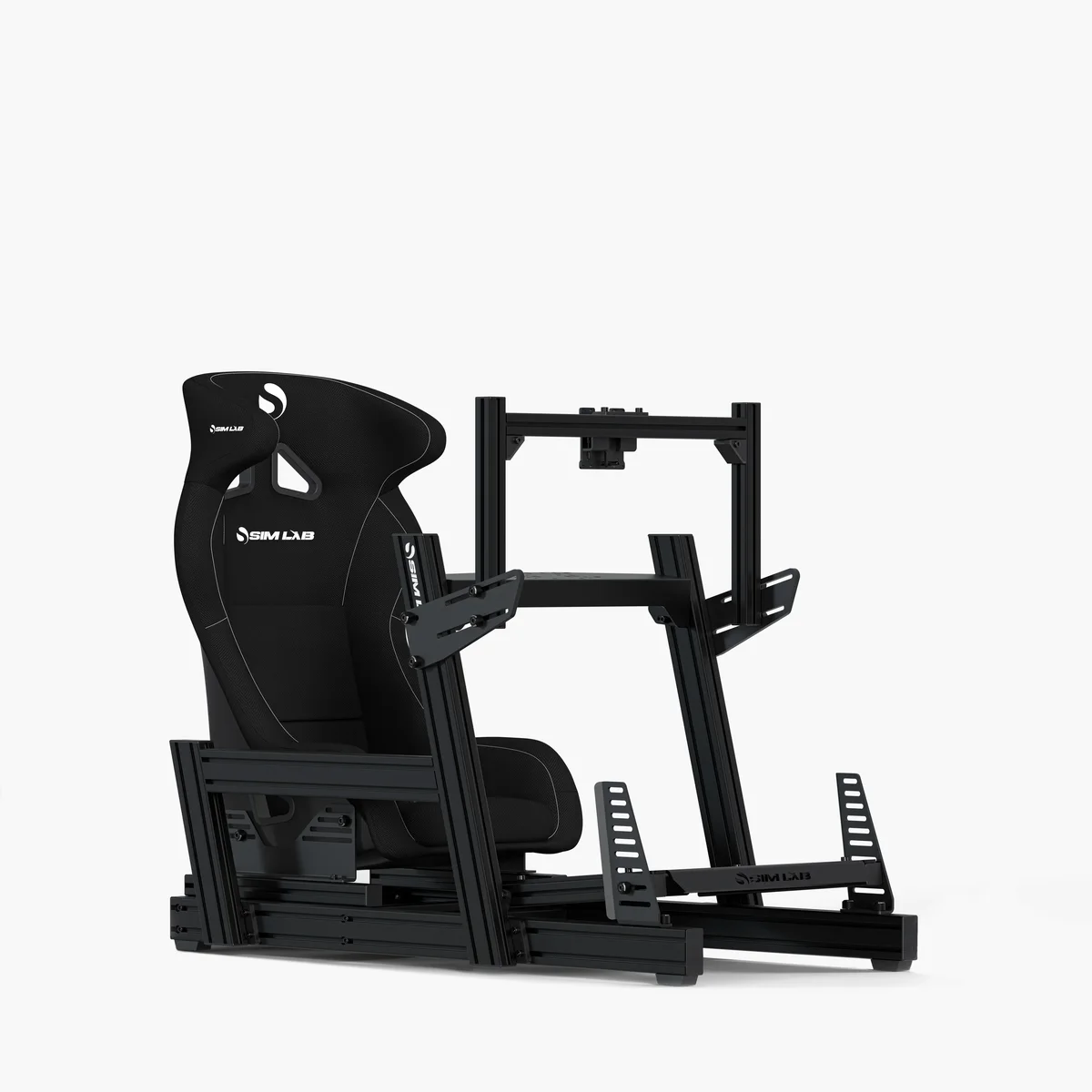 Sim-Lab GT1 Pro sim racing cockpit shown as a bare aluminium-profile frame with the black racing seat mounted, 3/4 front view on white