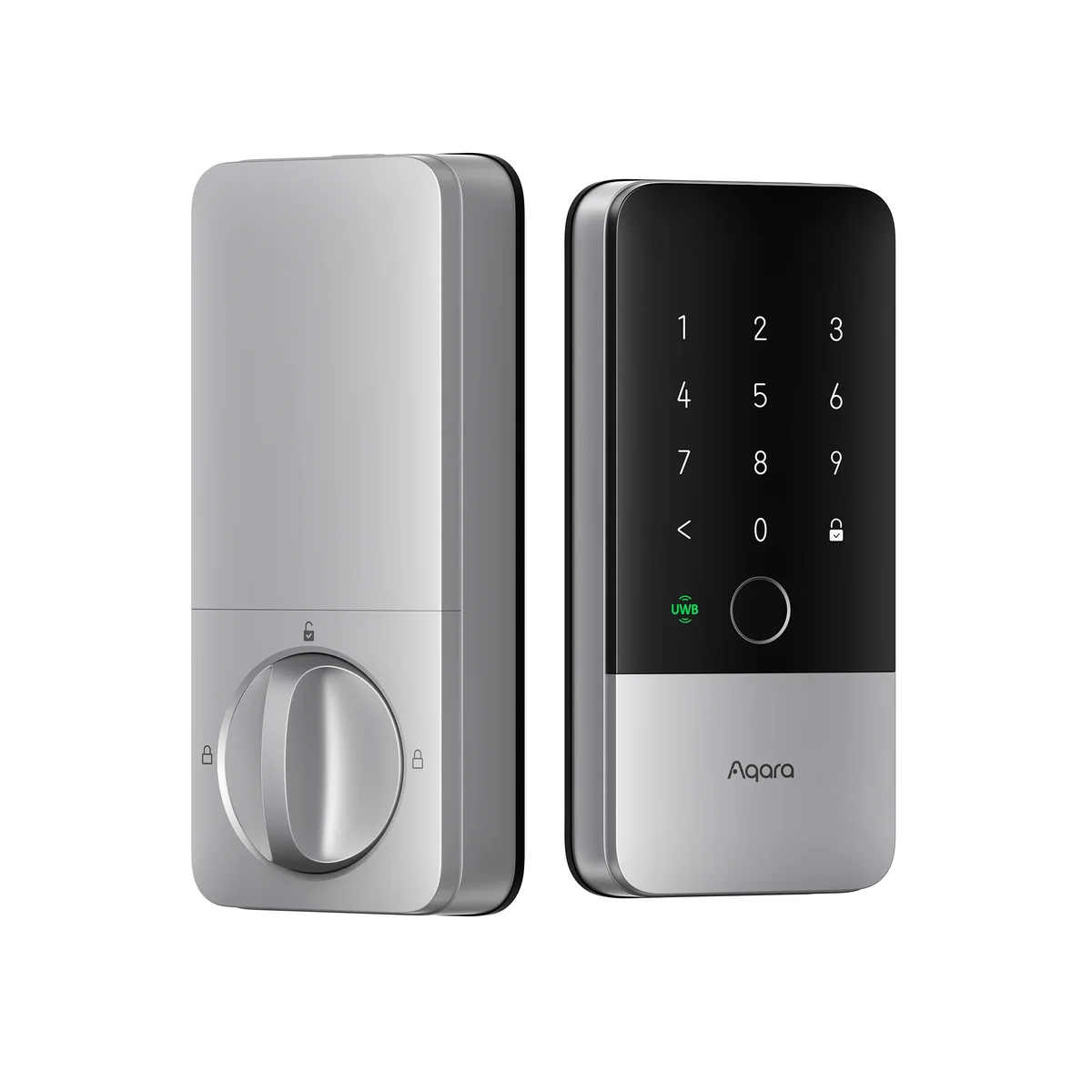 Aqara U400 smart lock interior thumb-turn panel and exterior keypad panel shown side by side in silver