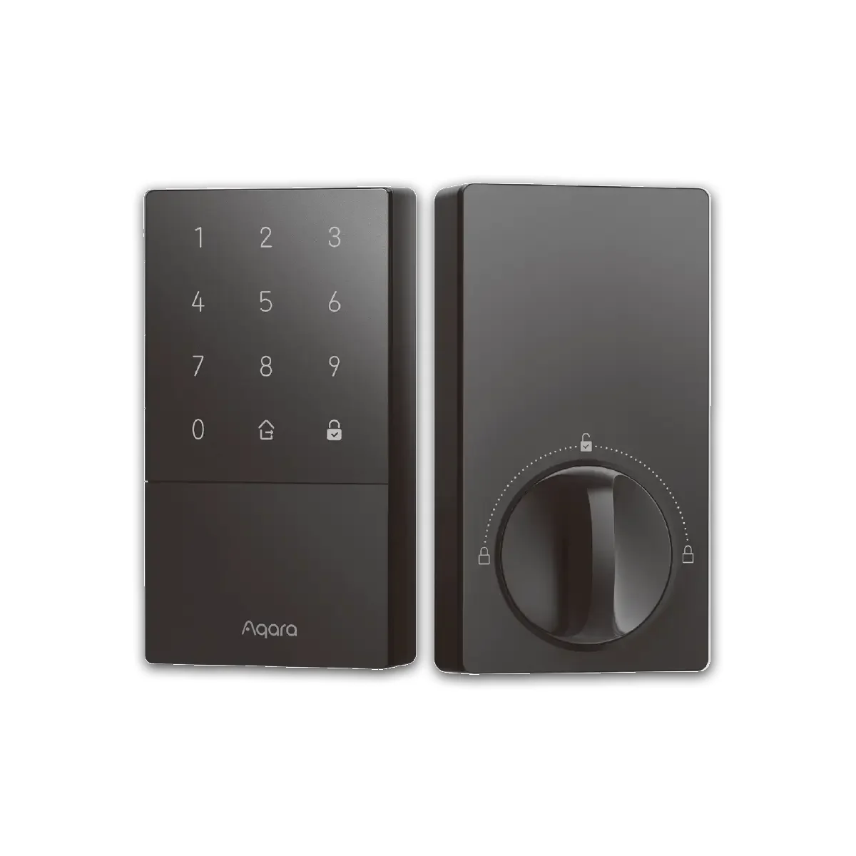 Aqara U50 smart deadbolt front keypad panel and rear thumb-turn module on white background