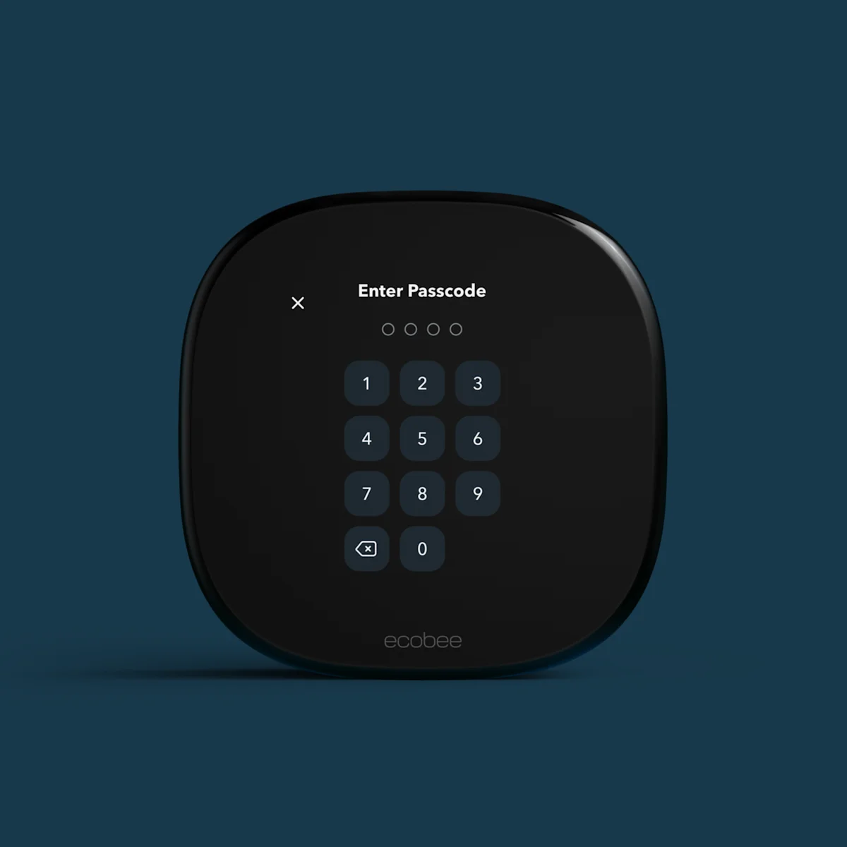 Ecobee Smart Thermostat Premium front view showing the touchscreen passcode entry keypad