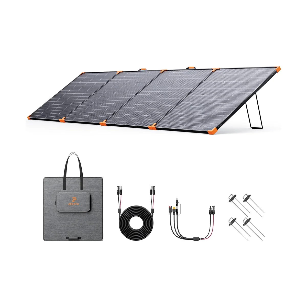 ZOUPW 480W Bifacial solar panel frontal view on kickstands with carry bag and included accessories on white background