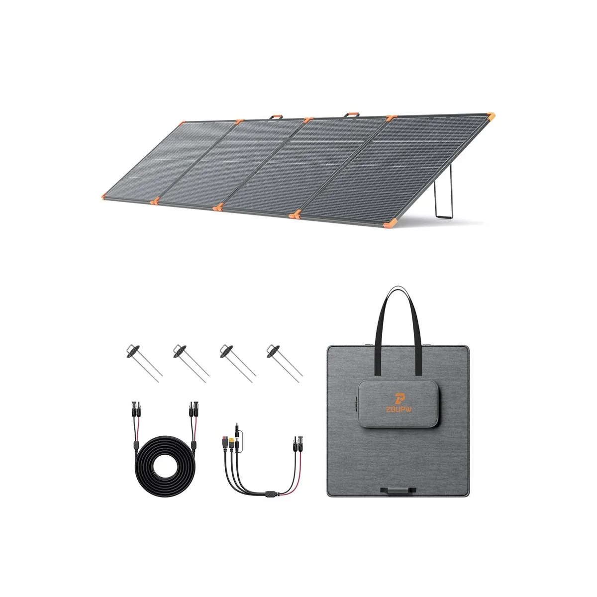 ZOUPW 480W Bifacial solar panel deployed on kickstands with carry bag, extension cable, 4-in-1 adapter, and ground stakes