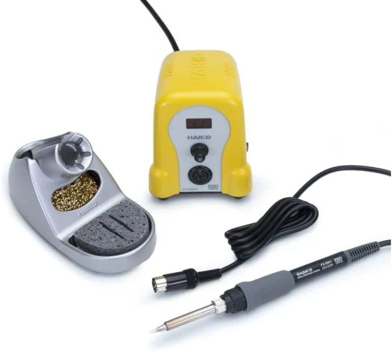 Hakko FX-888D control unit showing the digital temperature readout and two-button interface