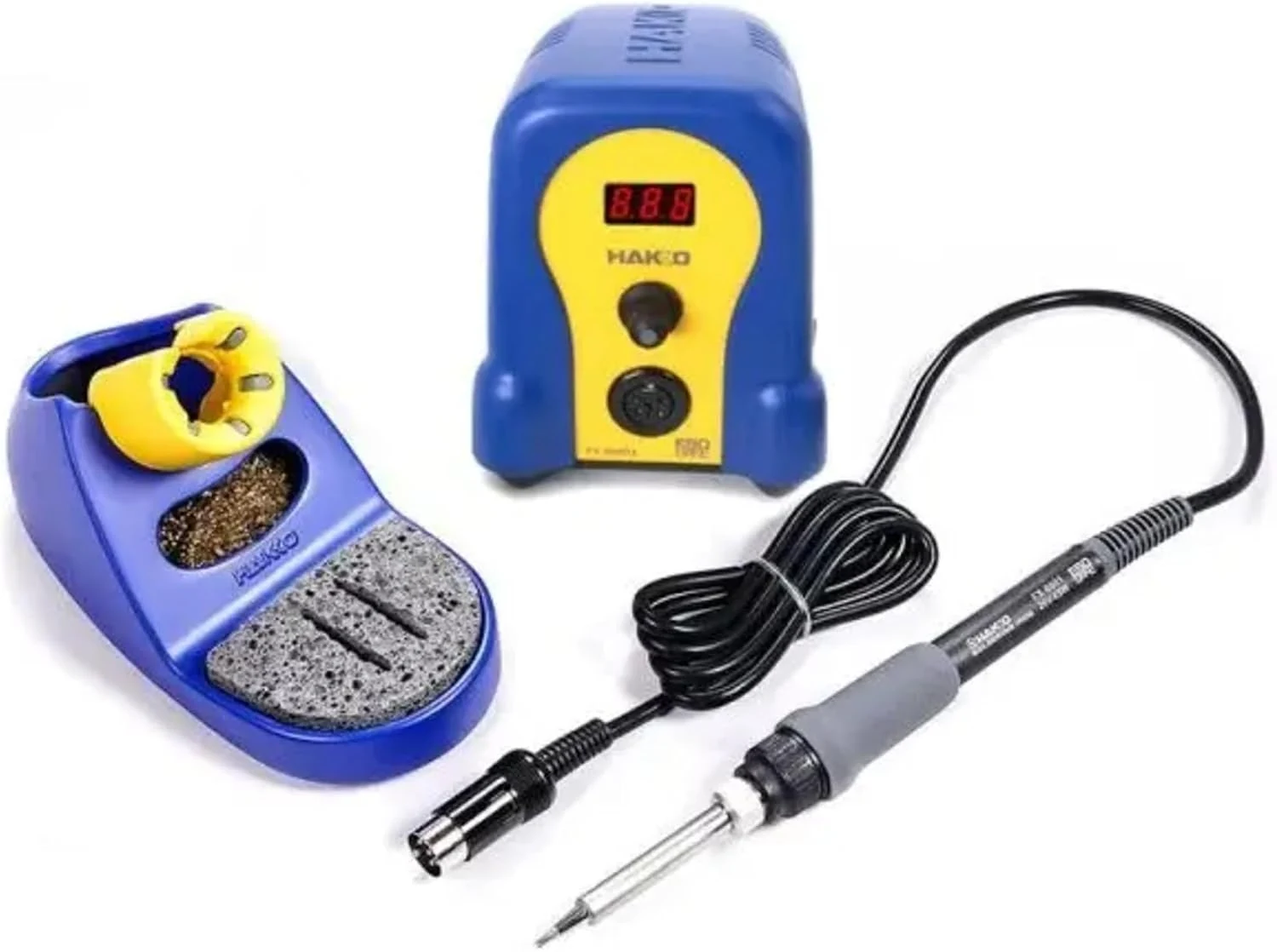 Hakko FX-888D digital soldering station in blue and yellow with iron in the holder