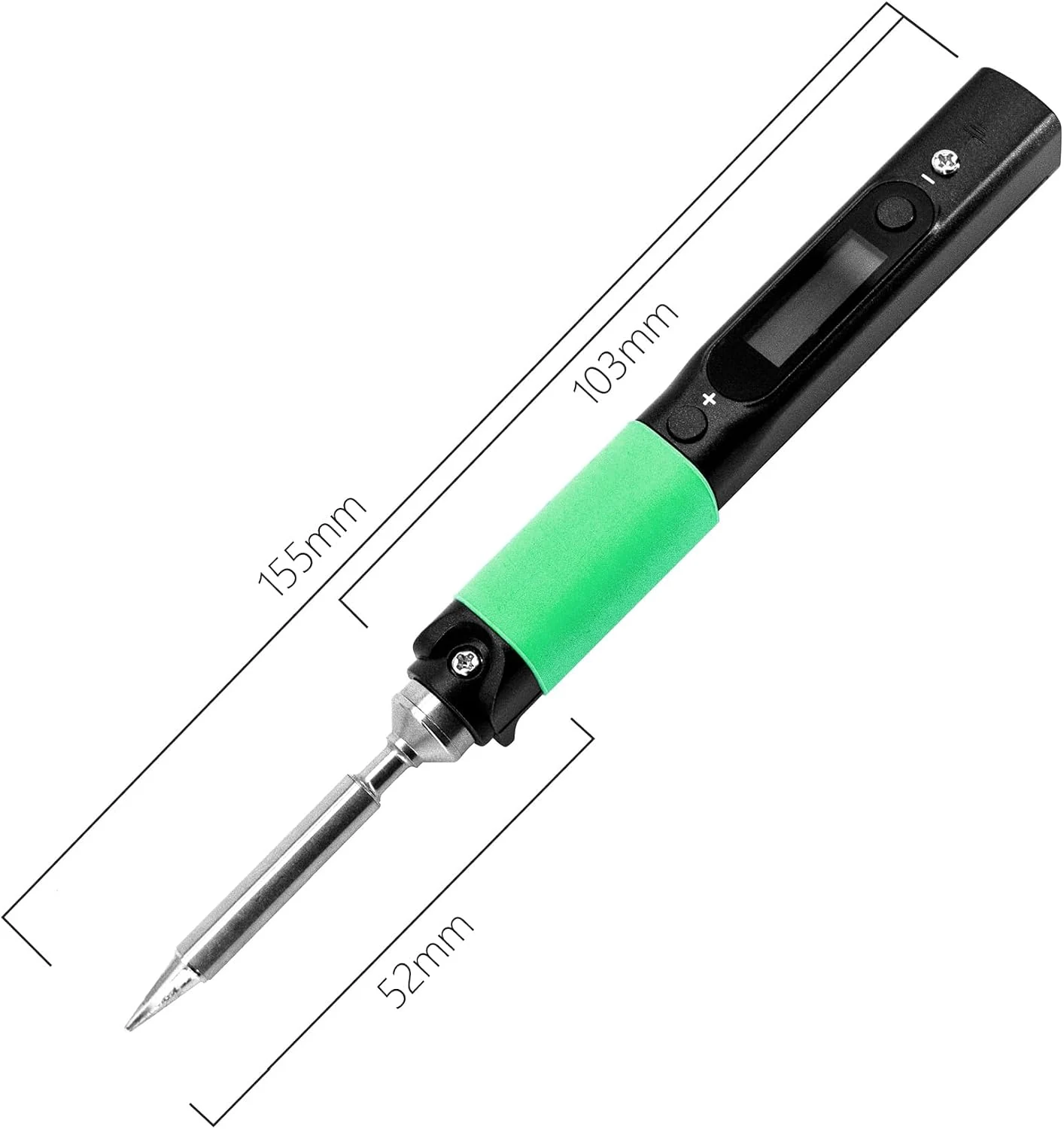 Pinecil V2 handpiece showing the monochrome OLED screen and control buttons