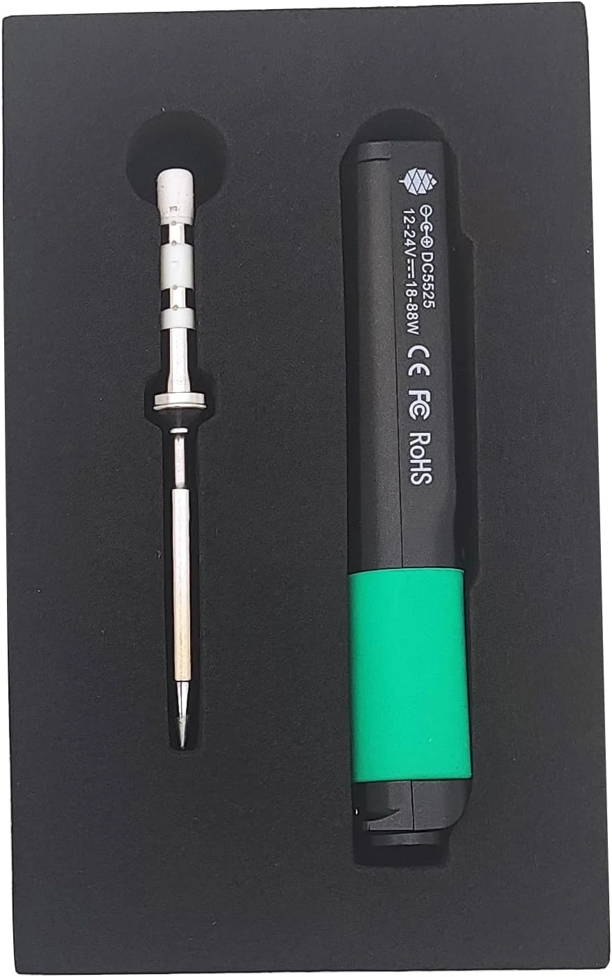 Pinecil V2 connected by USB-C to a power supply while soldering a circuit board