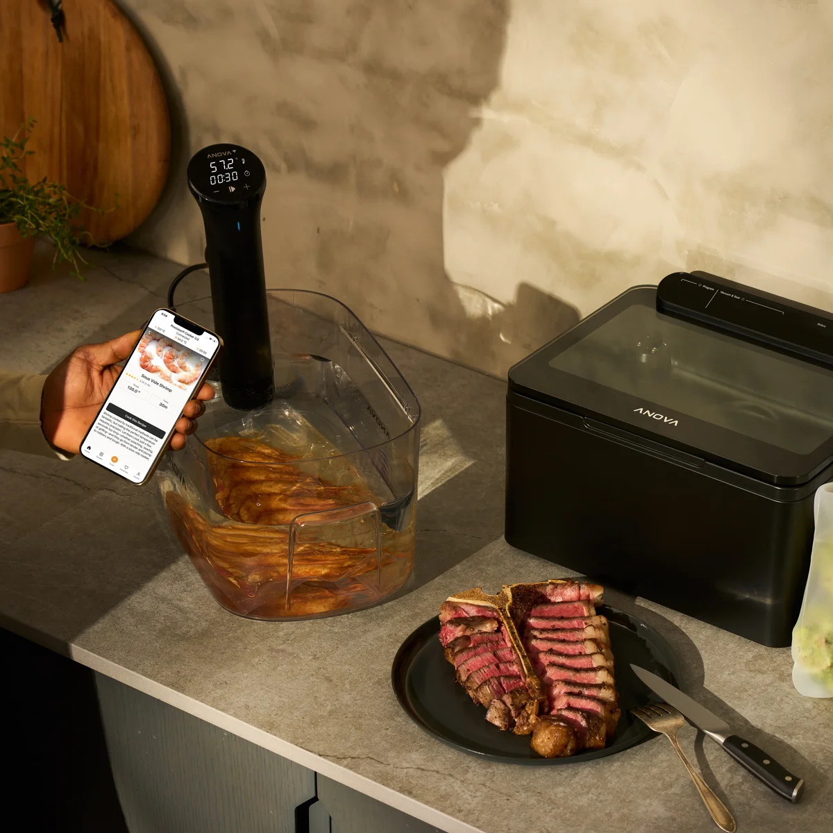 Anova Precision Cooker Nano 3.0 clipped to a water bath cooking a porterhouse steak, with seared shrimp nearby