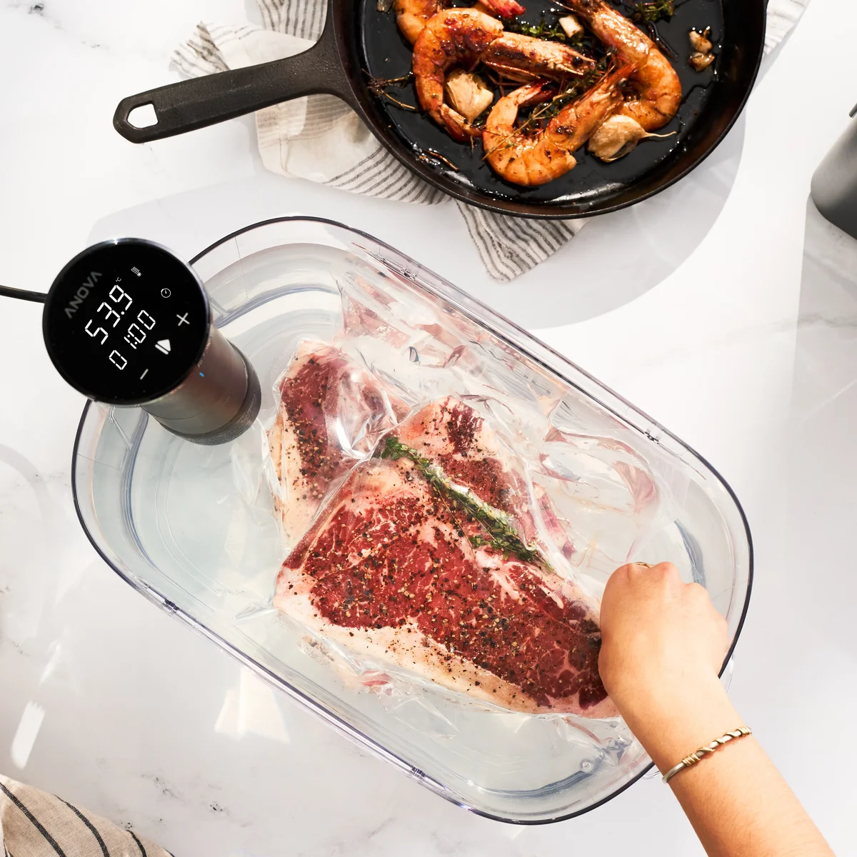 Anova Precision Cooker Nano 3.0 in use with the Anova app on a phone and a finished sous vide steak plated alongside