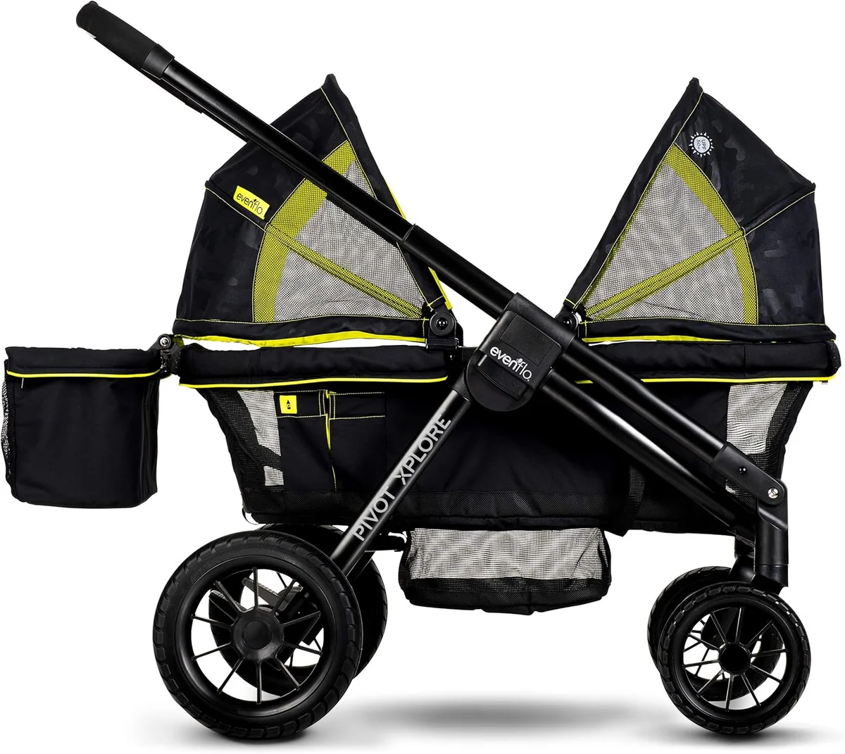 Evenflo Pivot Xplore stroller wagon in black and lime colorway, side profile on white background