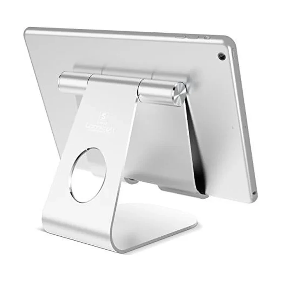 Lamicall Tablet Stand rear view showing the adjustable hinge mechanism and cutout, holding an iPad on a white background