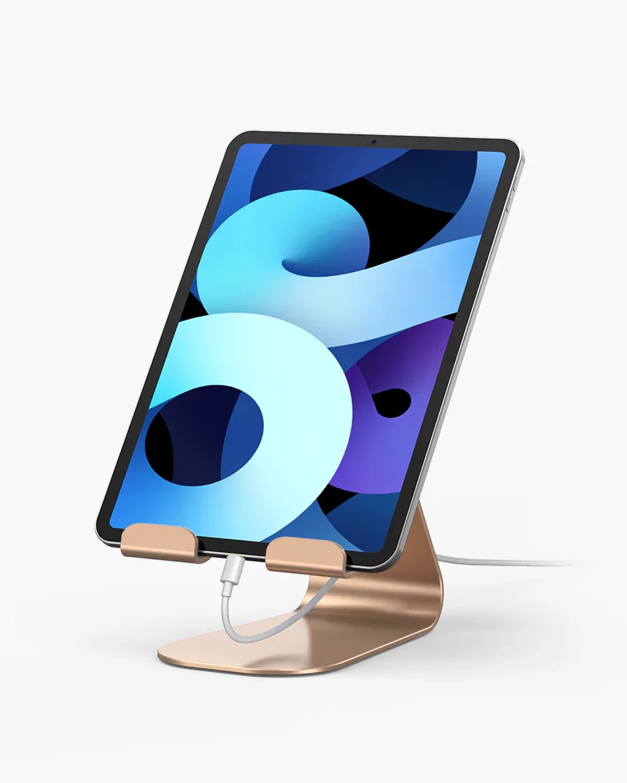 Lamicall Tablet Stand in gold colorway holding an iPad Air on a white background