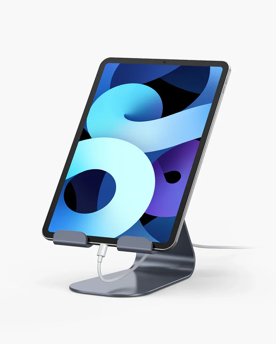 Lamicall Tablet Stand in space grey holding an iPad Air at a tilted angle on a white background