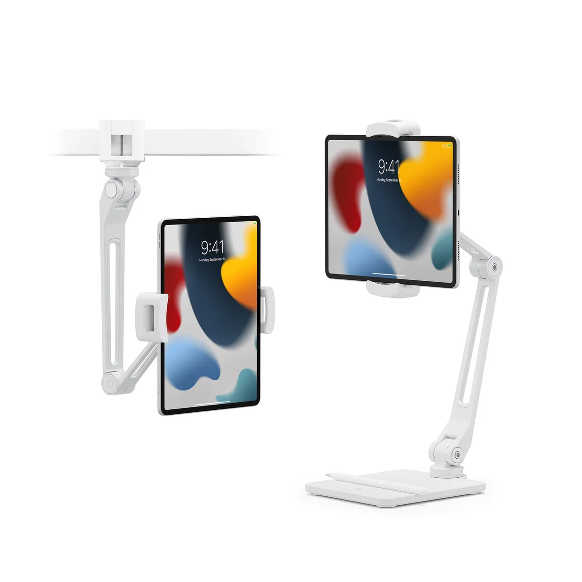Twelve South HoverBar Duo in white showing articulating arm in desk stand and wall clamp configurations