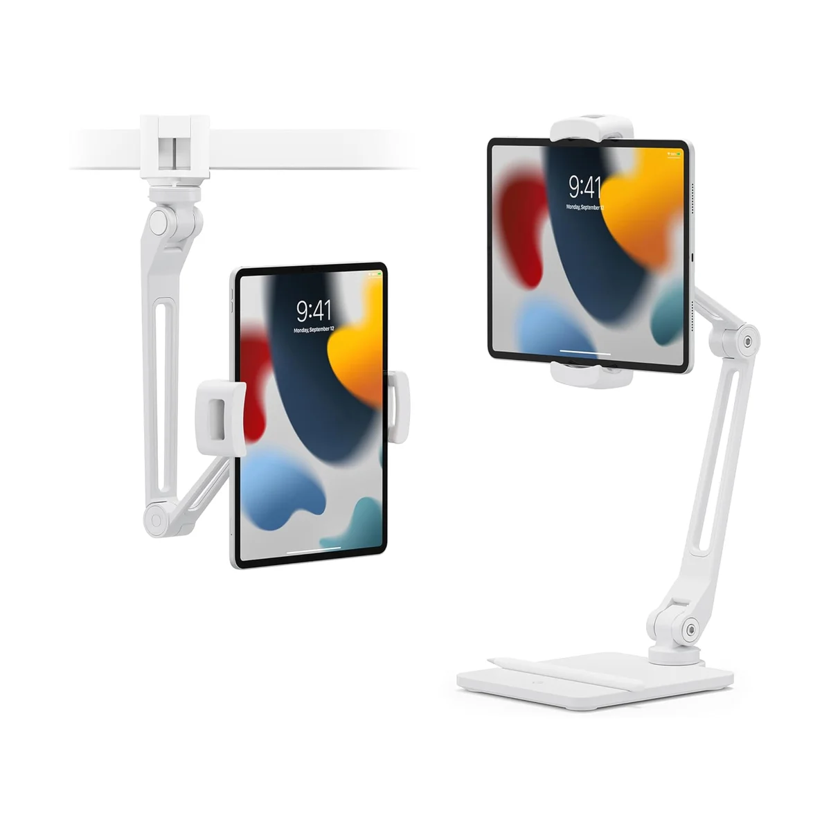 Twelve South HoverBar Duo white version showing both desk stand and clamp positions with iPad