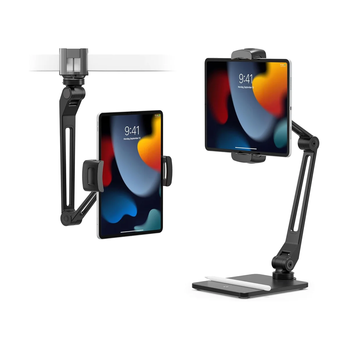 Twelve South HoverBar Duo tablet stand showing desk base and clamp mount modes in black