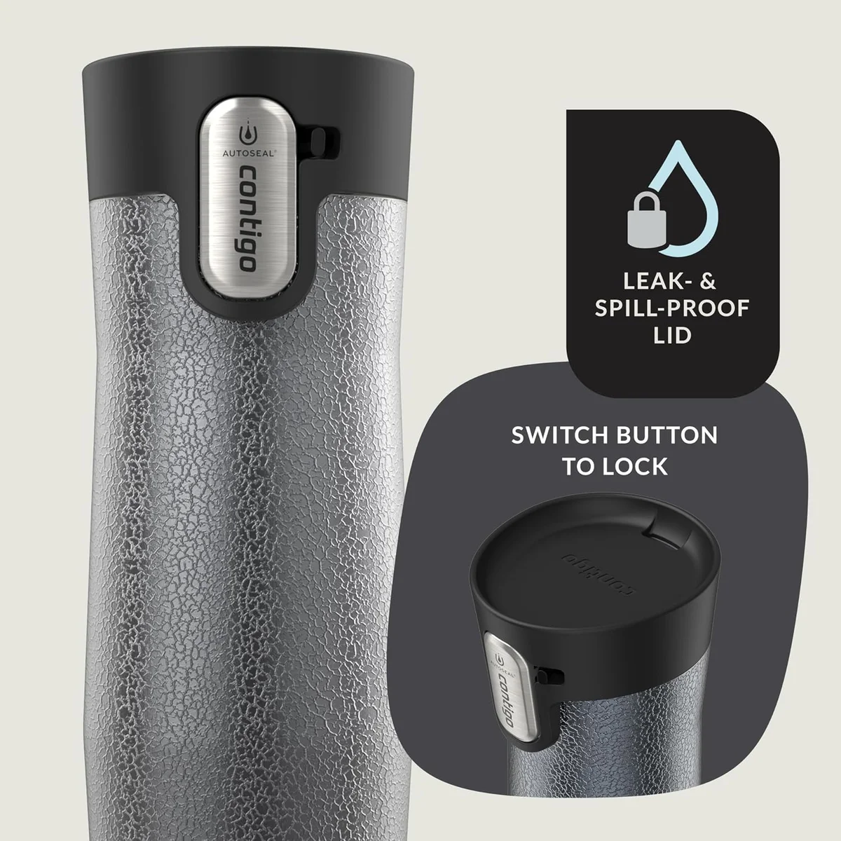 Close-up of the Contigo West Loop AutoSeal button and leak-proof, spill-proof lock lid