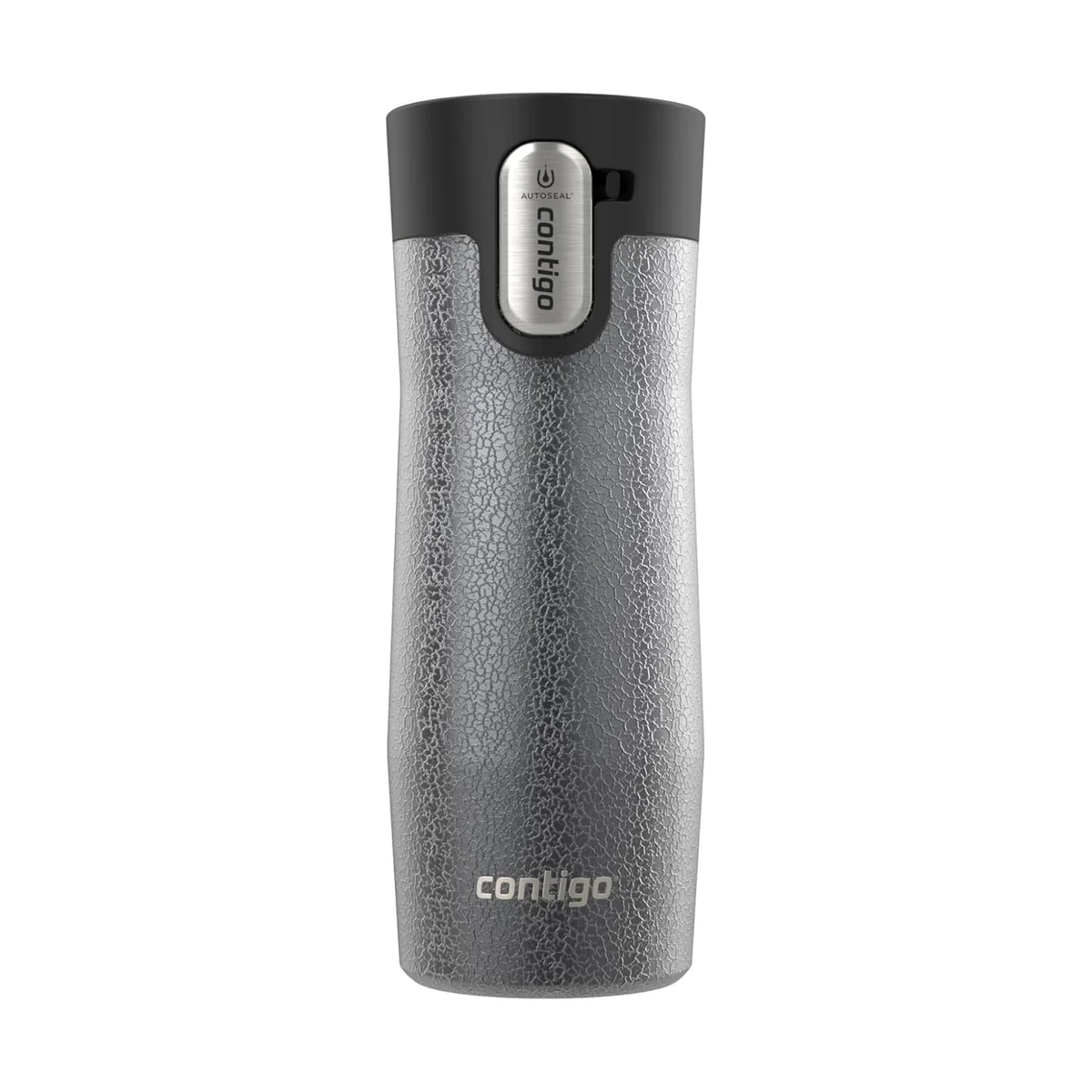 Contigo West Loop AutoSeal travel mug front view in stainless steel finish on white background