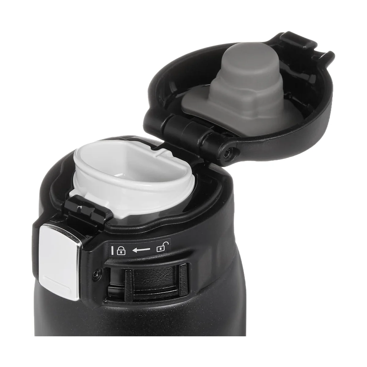 Zojirushi SM-SHE48 flip-lock lid open showing one-touch button and silicone mouthpiece