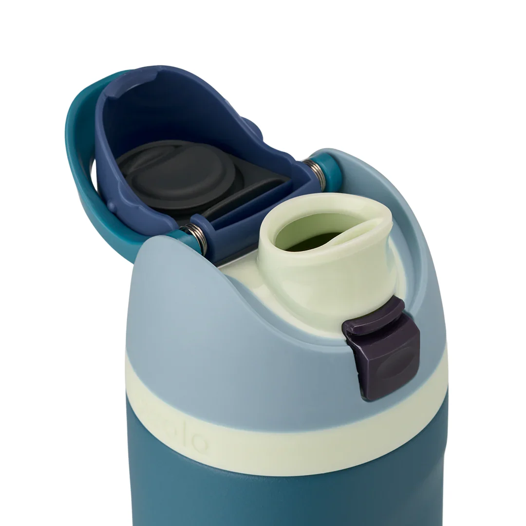 Owala FreeSip 24 oz lid open showing straw port and chug opening
