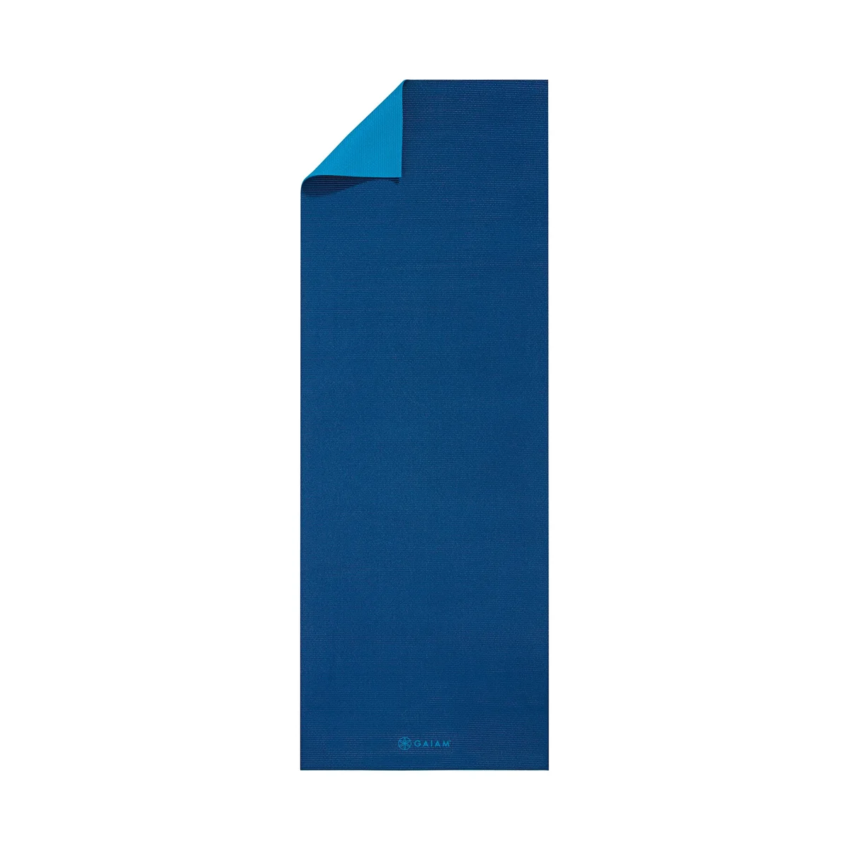 Gaiam Premium Yoga Mat flat lay showing full length with corner folded back to reveal reversible side