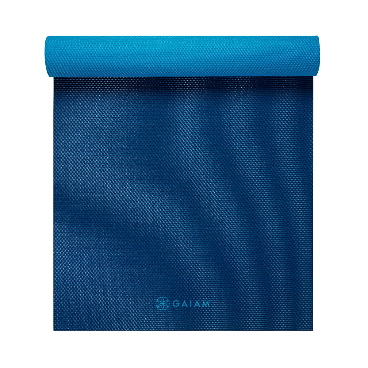 Gaiam Premium Yoga Mat rolled up front view showing two-tone blue and teal colorway