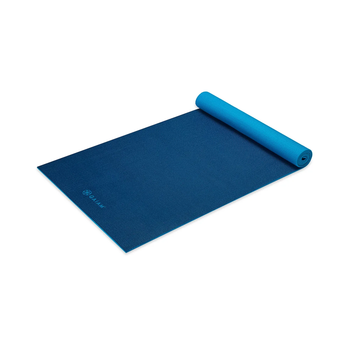Gaiam Premium Yoga Mat partially unrolled showing two-tone blue reversible surface and textured grip