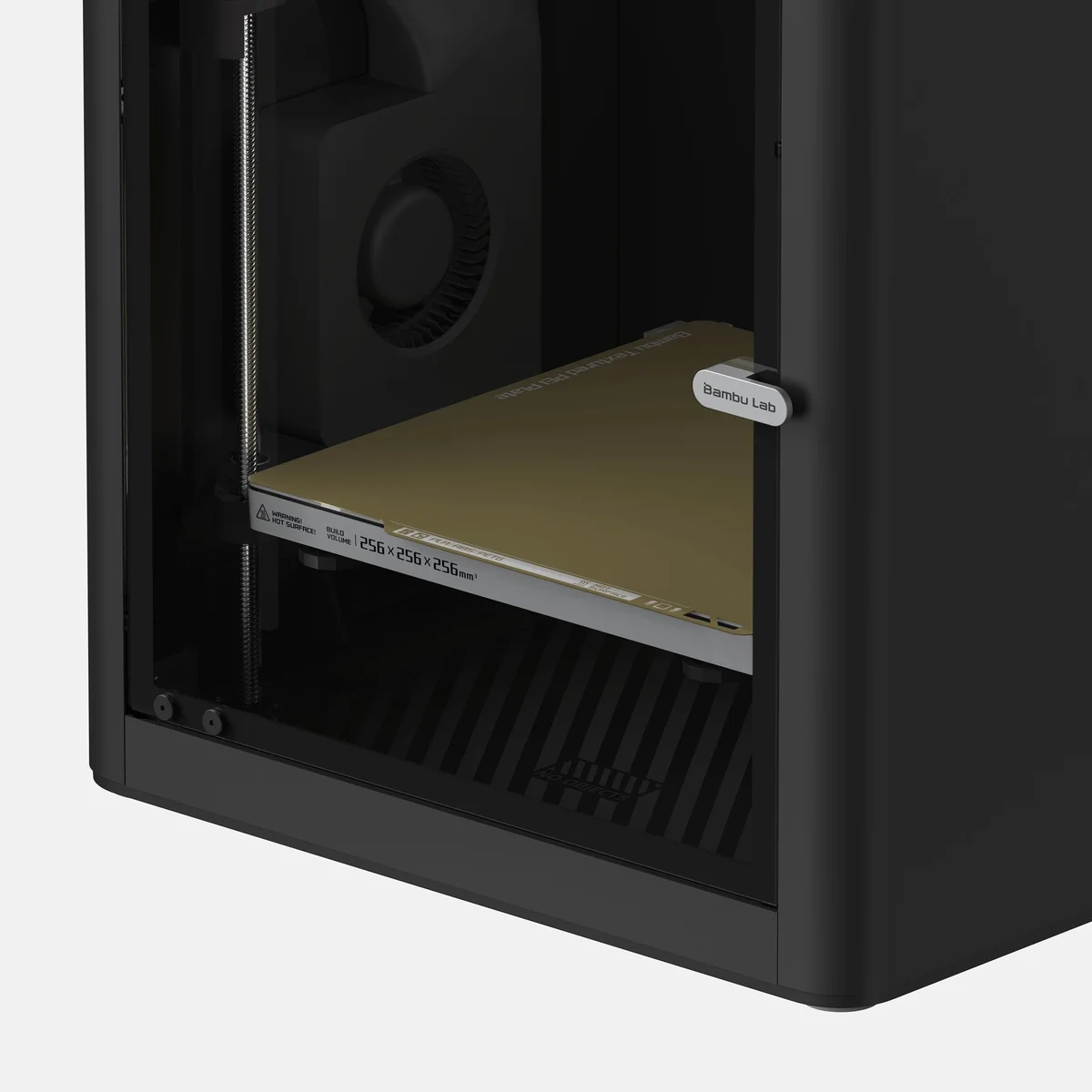 Bambu Lab P1S interior build chamber showing 256×256×256mm heated print bed