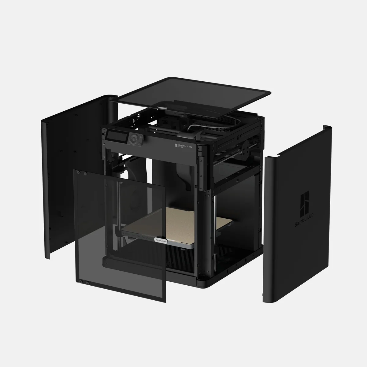 Bambu Lab P1S panels removed to show internal CoreXY structure and enclosure design