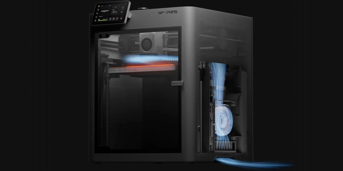 Bambu Lab P2S active airflow system cutaway render showing dual-fan circulation