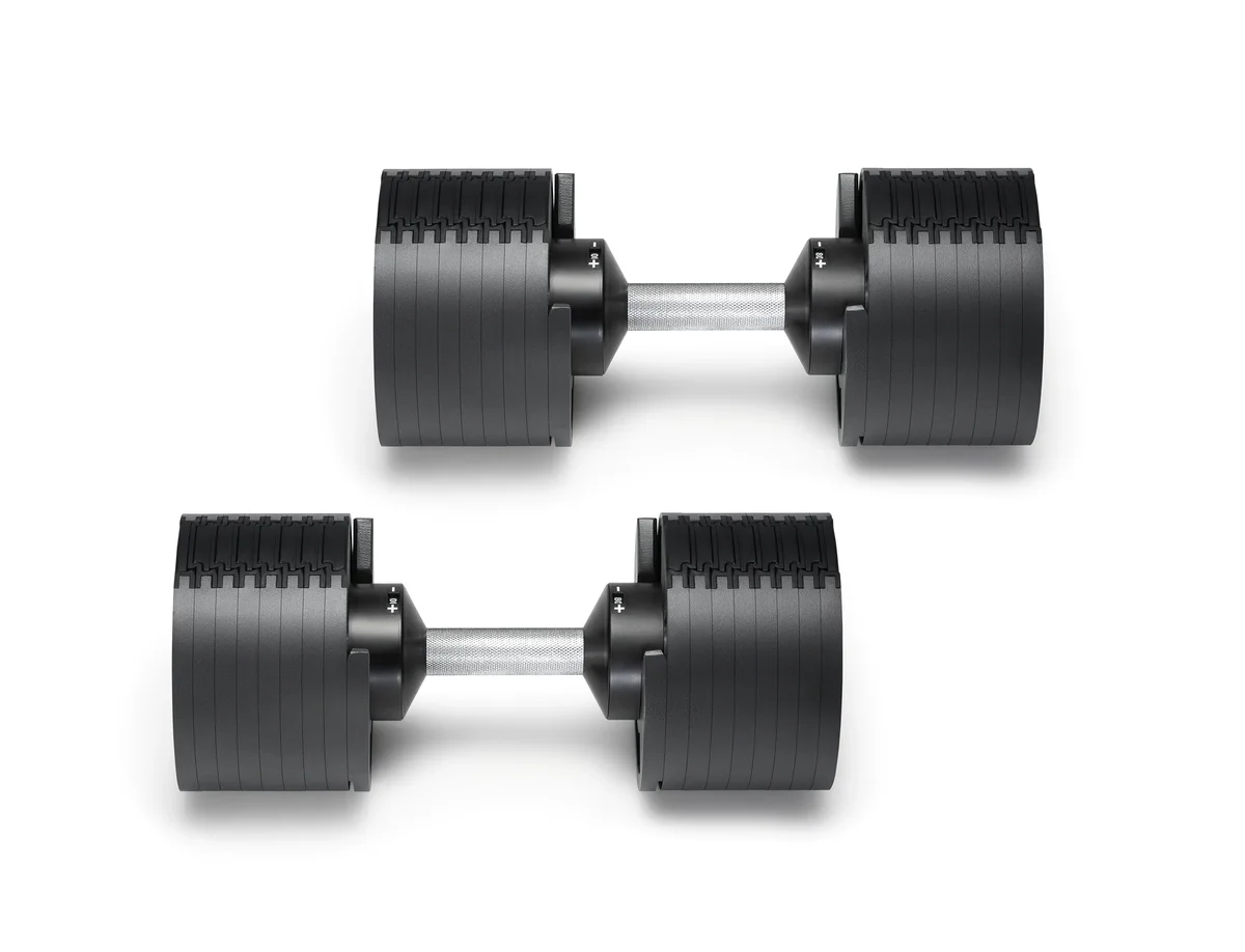 NÜOBELL 80lb dumbbells elevated angle view
