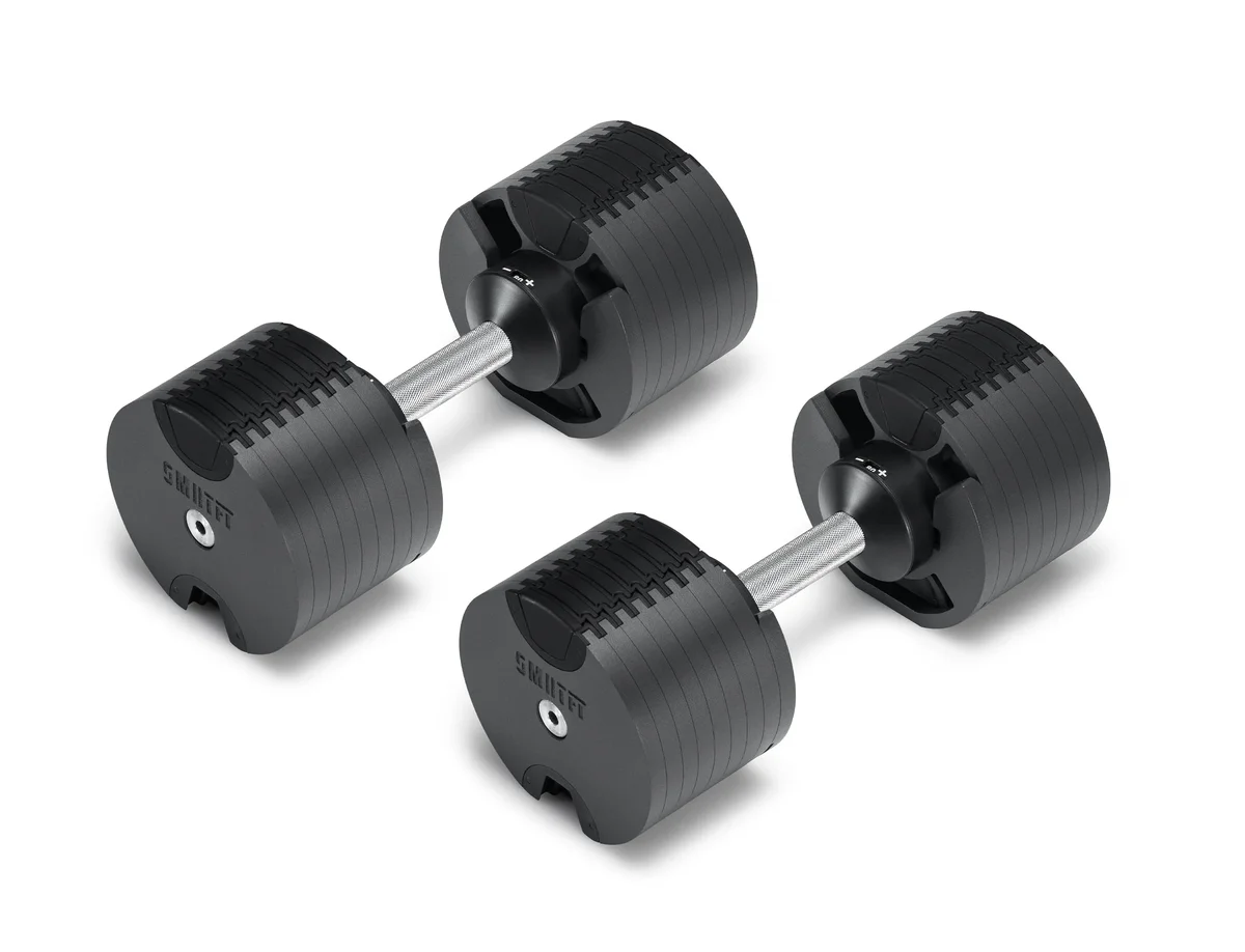 NÜOBELL 80lb dumbbells isometric view showing end cap and cradle