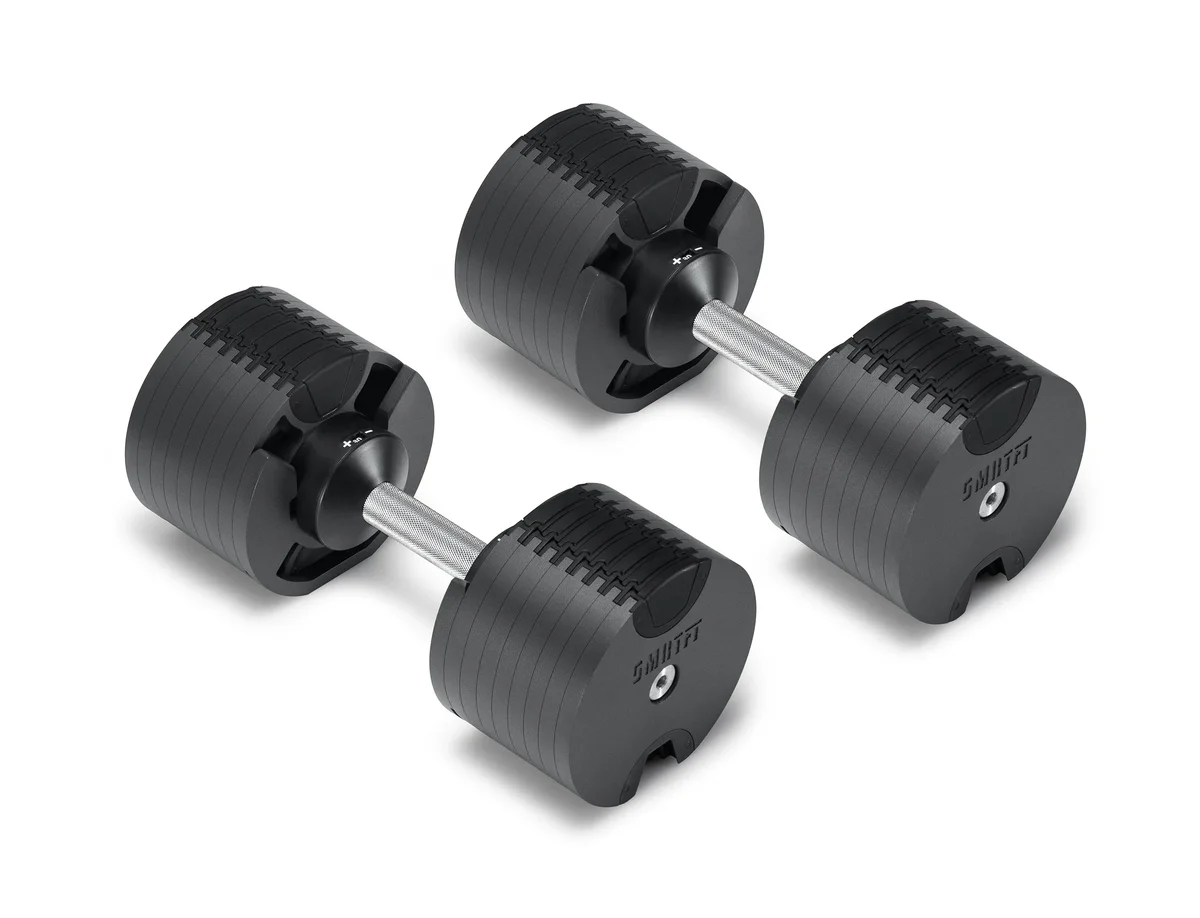 NÜOBELL 80lb dumbbells front-side angle showing weight selector dial