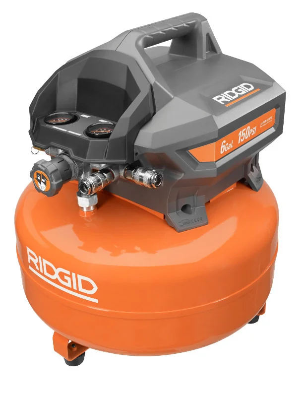 RIDGID OF60150HA 6-gallon pancake air compressor 3/4 front view on white background showing dual quick-connect ports