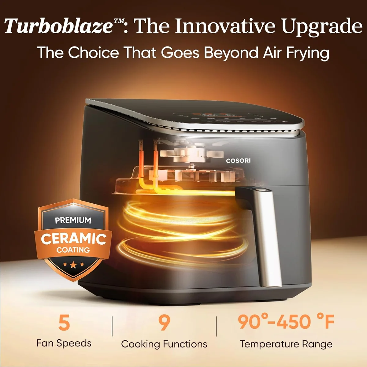 Cosori TurboBlaze cutaway view showing DC motor, heating element, premium ceramic coating, and 5 fan speeds