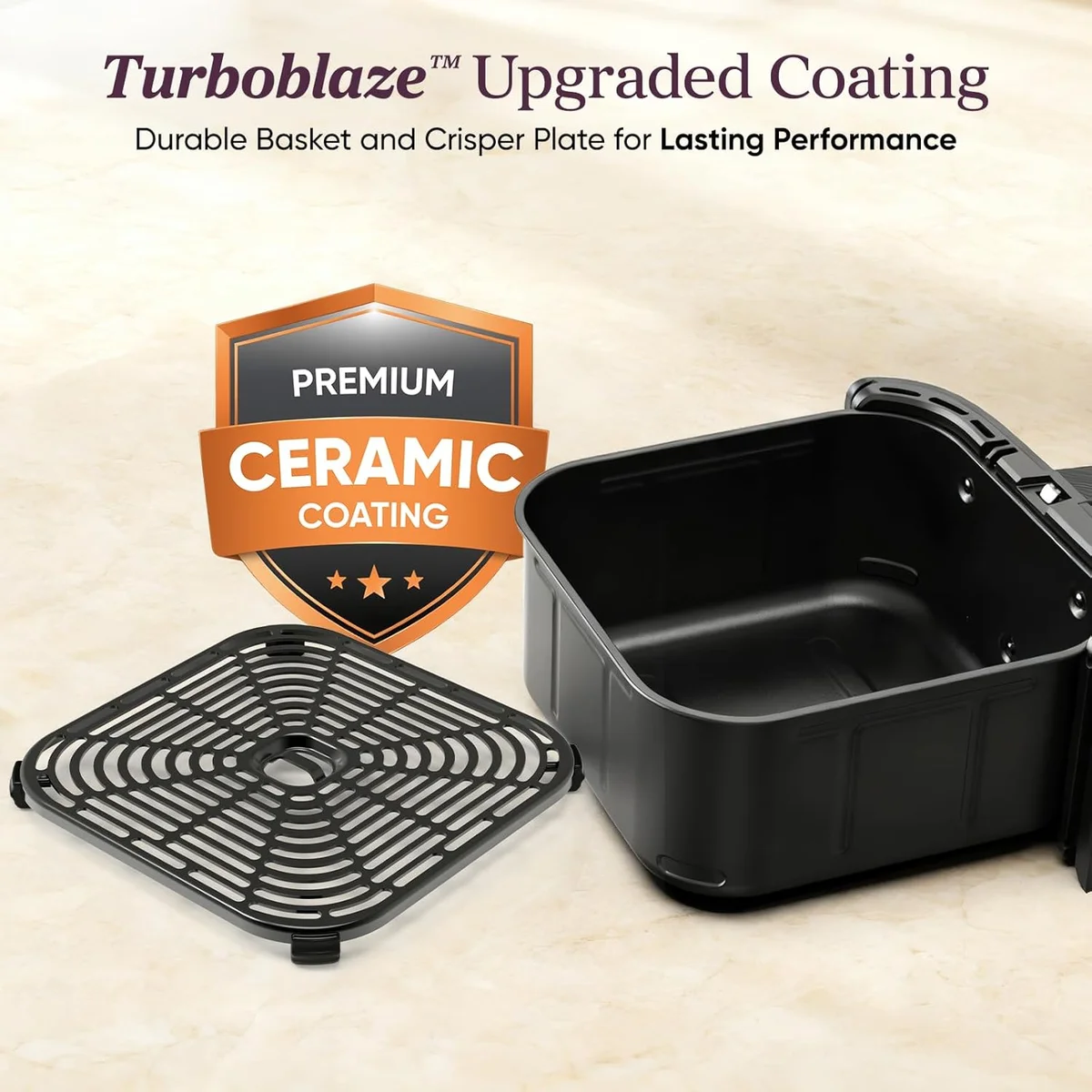 Cosori TurboBlaze air fryer basket and crisper plate showing premium ceramic coating