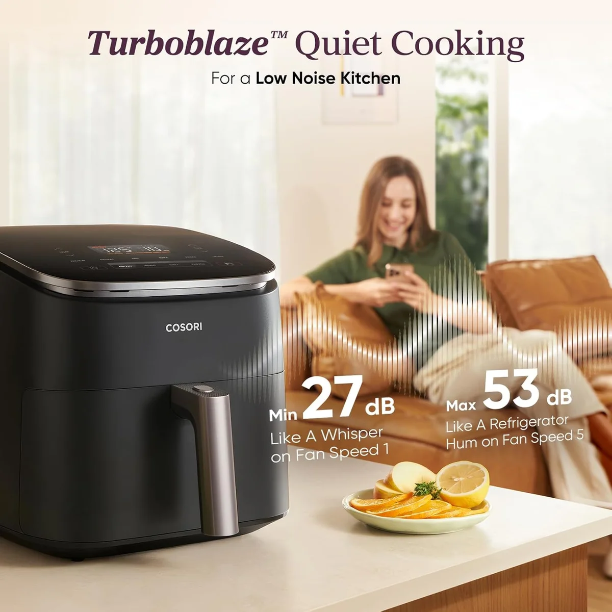 Cosori TurboBlaze air fryer in kitchen lifestyle setting highlighting quiet operation at 27-53 dB