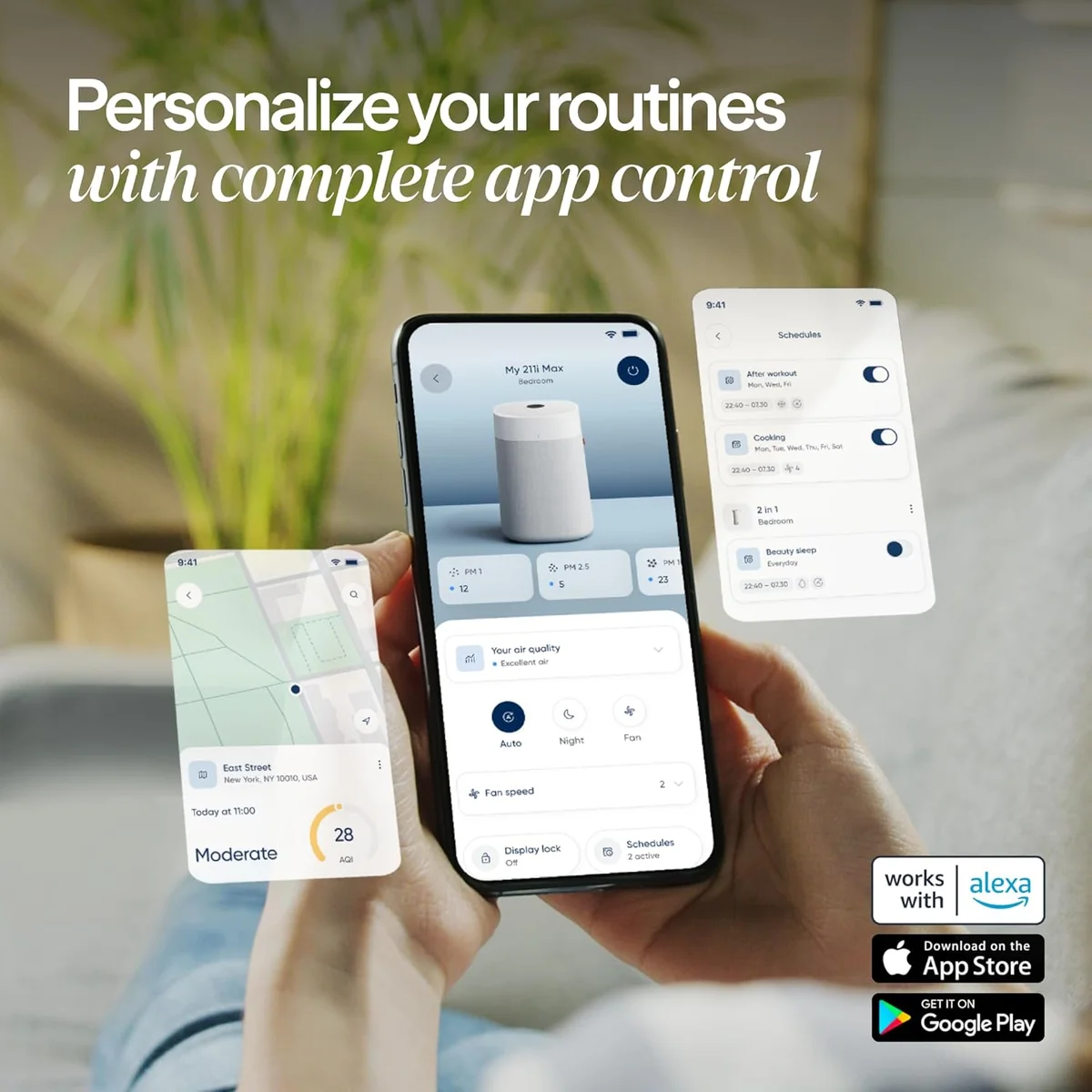 Blueair app showing air quality monitoring, scheduling, and smart controls with Alexa compatibility