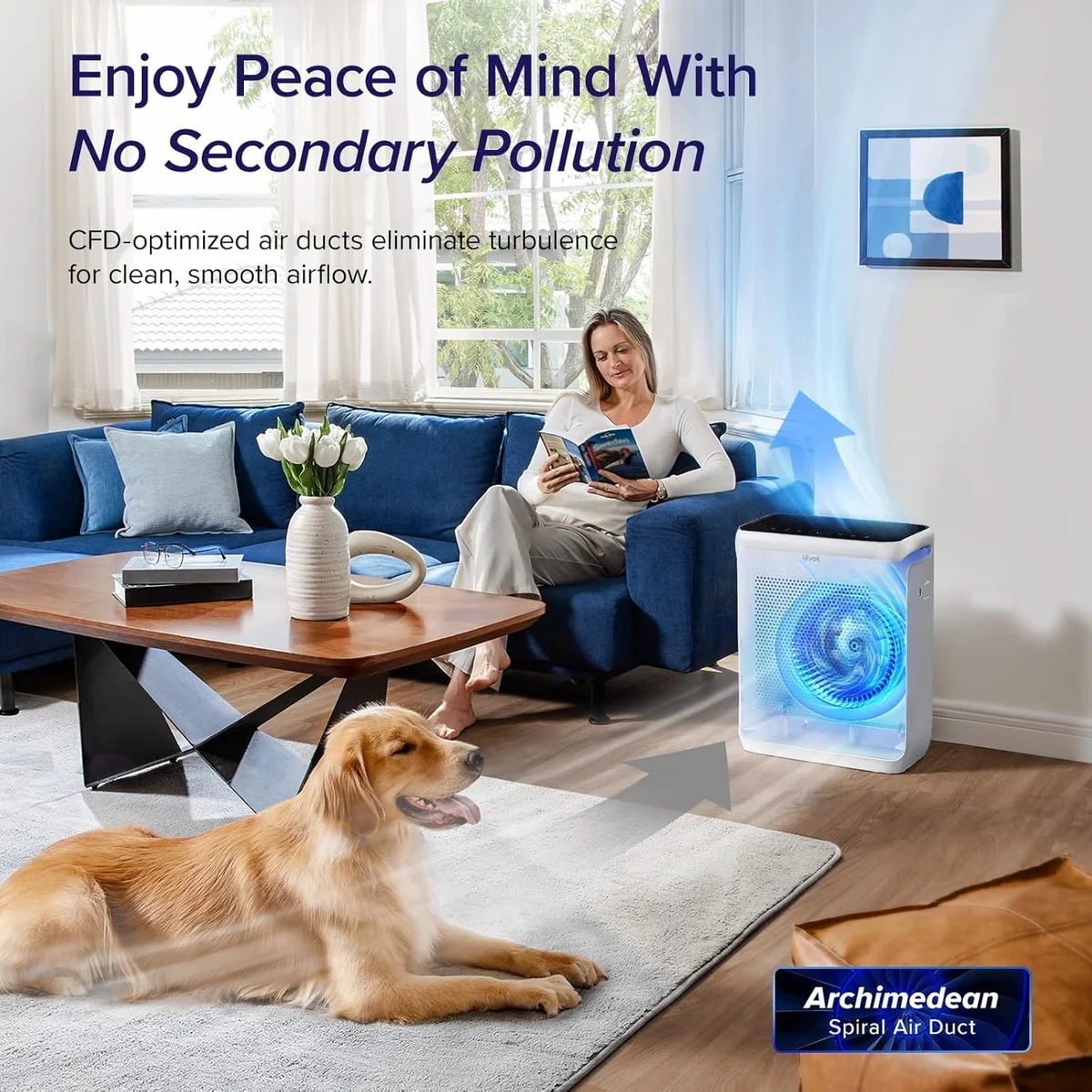 Levoit Vital 200S in a living room with Archimedean spiral air duct airflow visualization