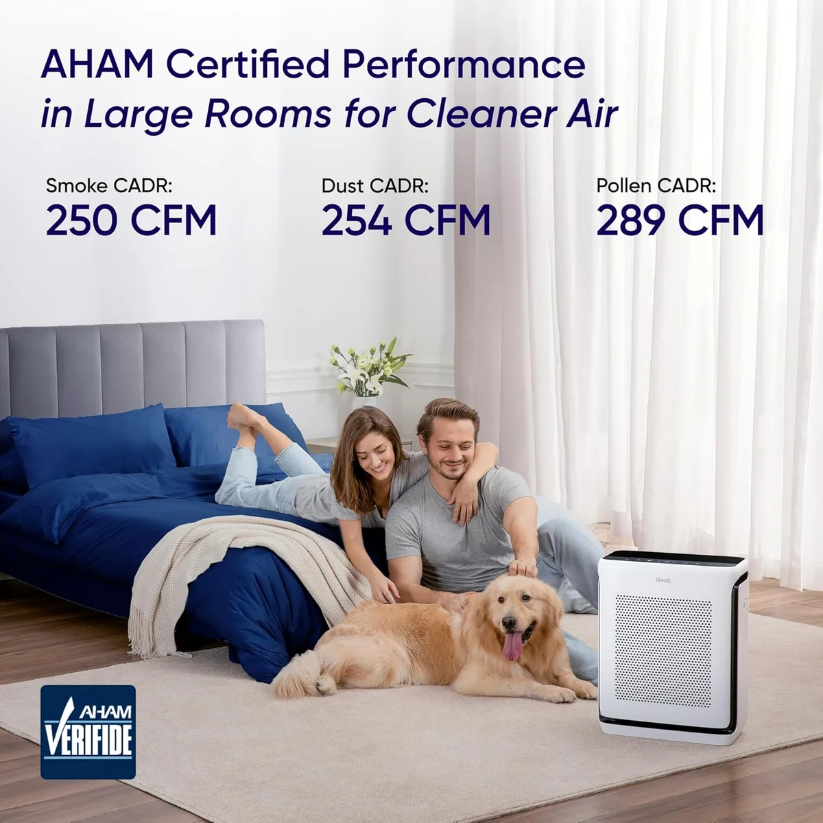Levoit Vital 200S in a bedroom setting with AHAM Verified CADR ratings for smoke, dust, and pollen