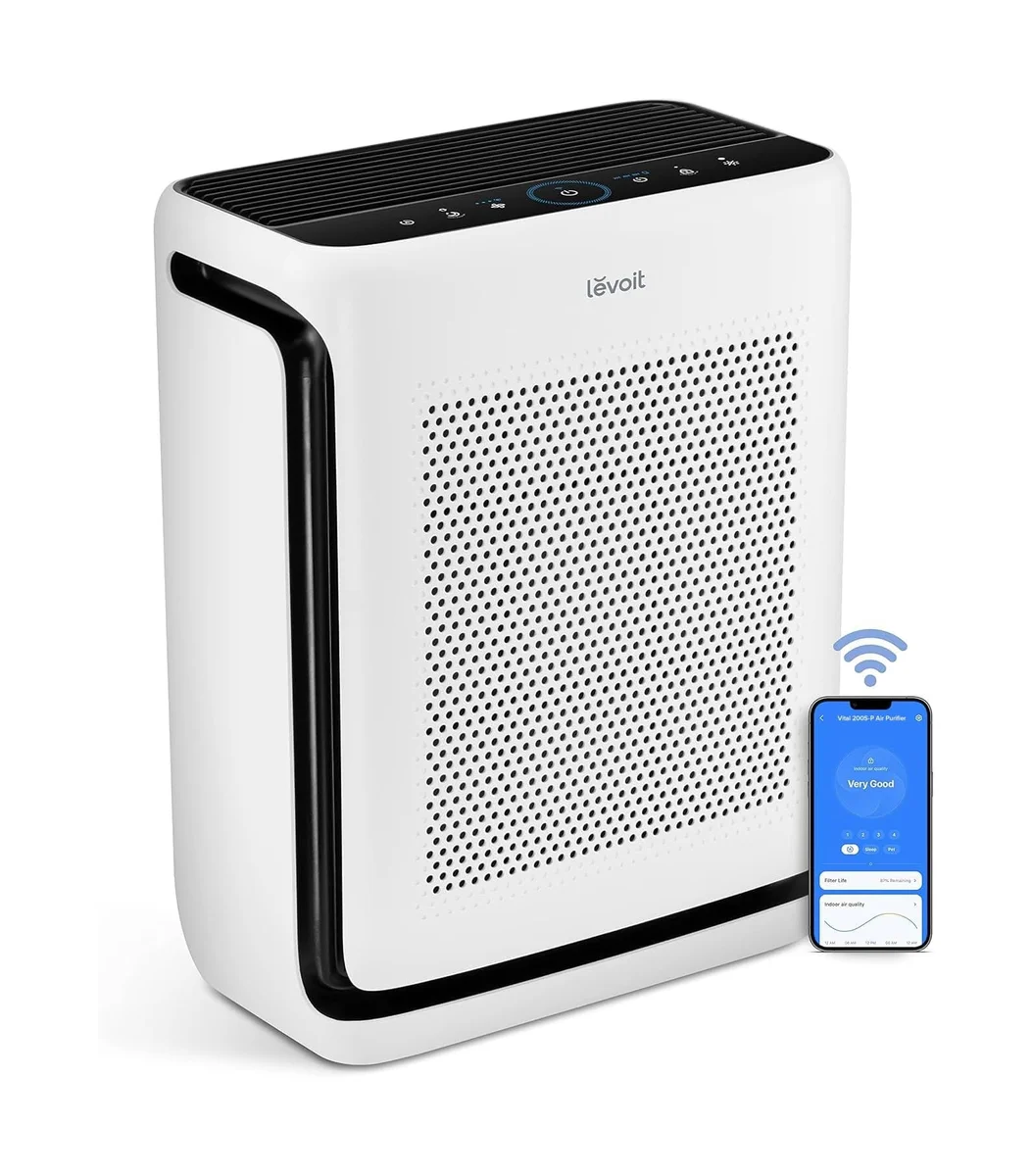 Levoit Vital 200S air purifier front view with VeSync app showing air quality controls